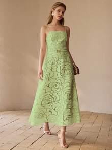 MOTF PREMIUM Vestido elegante francés, vestido de línea A con estampado de rosas sin tirantes para damas - Verde - Ver 6