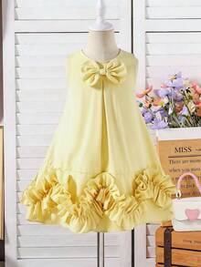 SHEIN Glamorique Kids Young Girls Elegant Princess Sleeveless Mid-Length Dress, Suitable For Outings, Parties And Other Occasions - Yellow - View 3