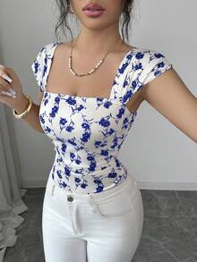 Elenzga 新款女士方领短袖印花腰部褶皱A字连体衣，优雅适合约会和度假，收腰设计，显瘦塑形 - 藍色 - 查看 4