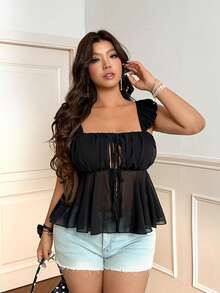 Plus Size Sexy Bow Tie Off-Shoulder Backless Blouse - Black - View 6