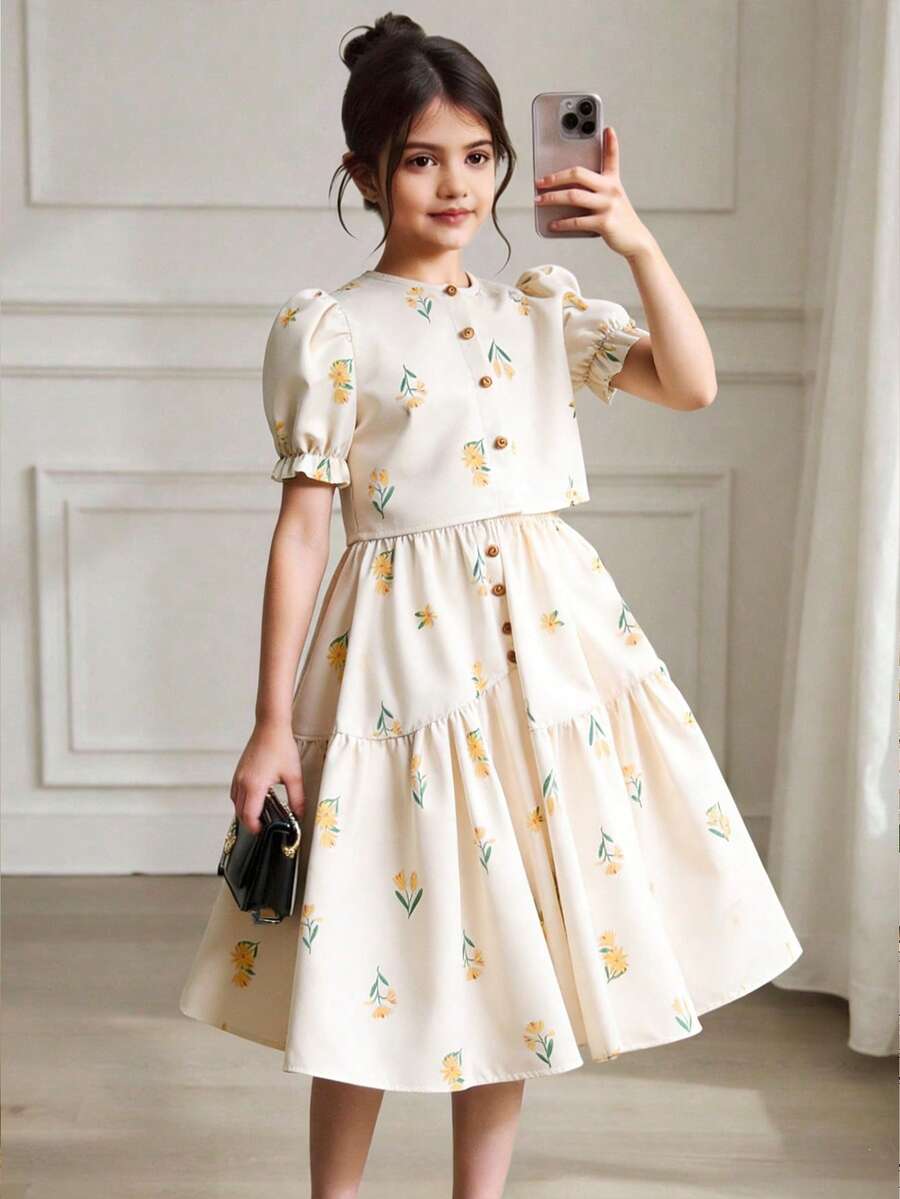 两件套少女印花花瓣袖衬衫+不对称纽扣半身裙套装，舒适的春夏度假装 - 卡其色 - 查看 1