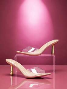 SHUZIA Giày sandal cao gót nữ thoải mái, mũi nhọn, trong suốt, kiểu dáng slip-on. - Màu be - Xem 4