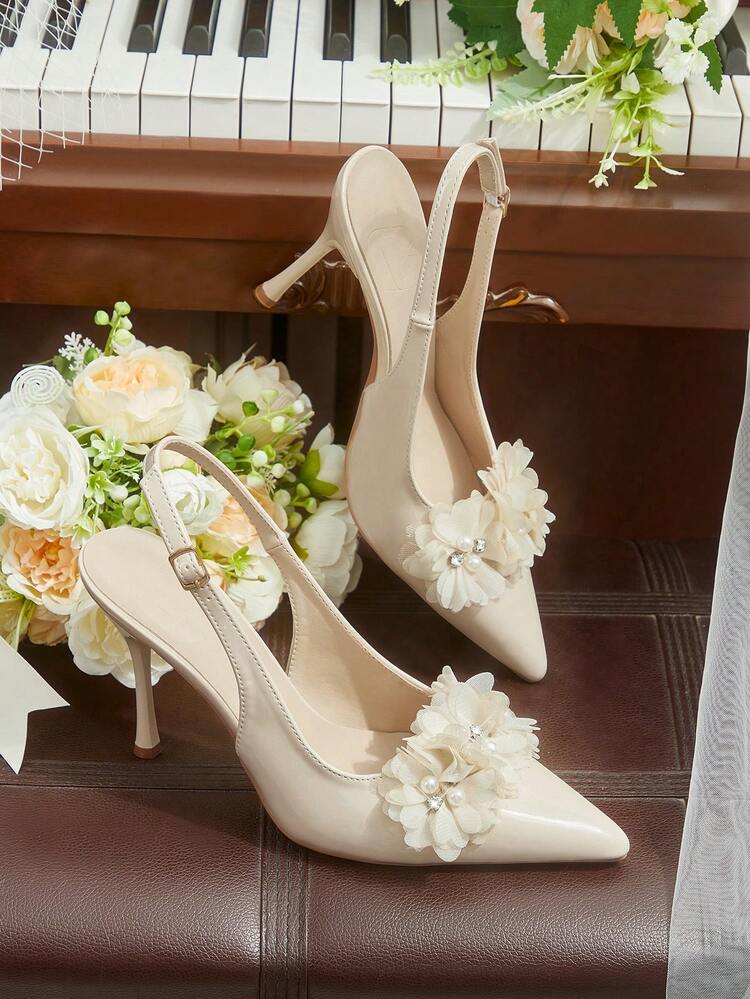 CUCCOO HITCHD Women Shoes Pointed Thin High Heel Apricot Three-Dimensional Flower Slingback Women's Slingback Shoes Wedding Party Banquet Simple And Stylish Women's High Heel Shoes Women's Wedding Shoes Wedding Shoes Spring Shoes Bride Shoes