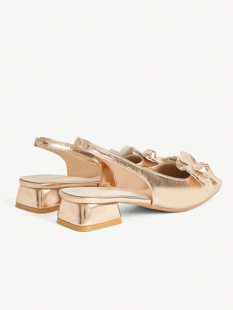 CUCCOO CHICEST Women Shoes Fashion Champagne Three-Dimensional Flower Back Strap Low Heel Square Toe Commuting Versatile Elegant Party Vacation Women Flat Shoes Slingback Shoes