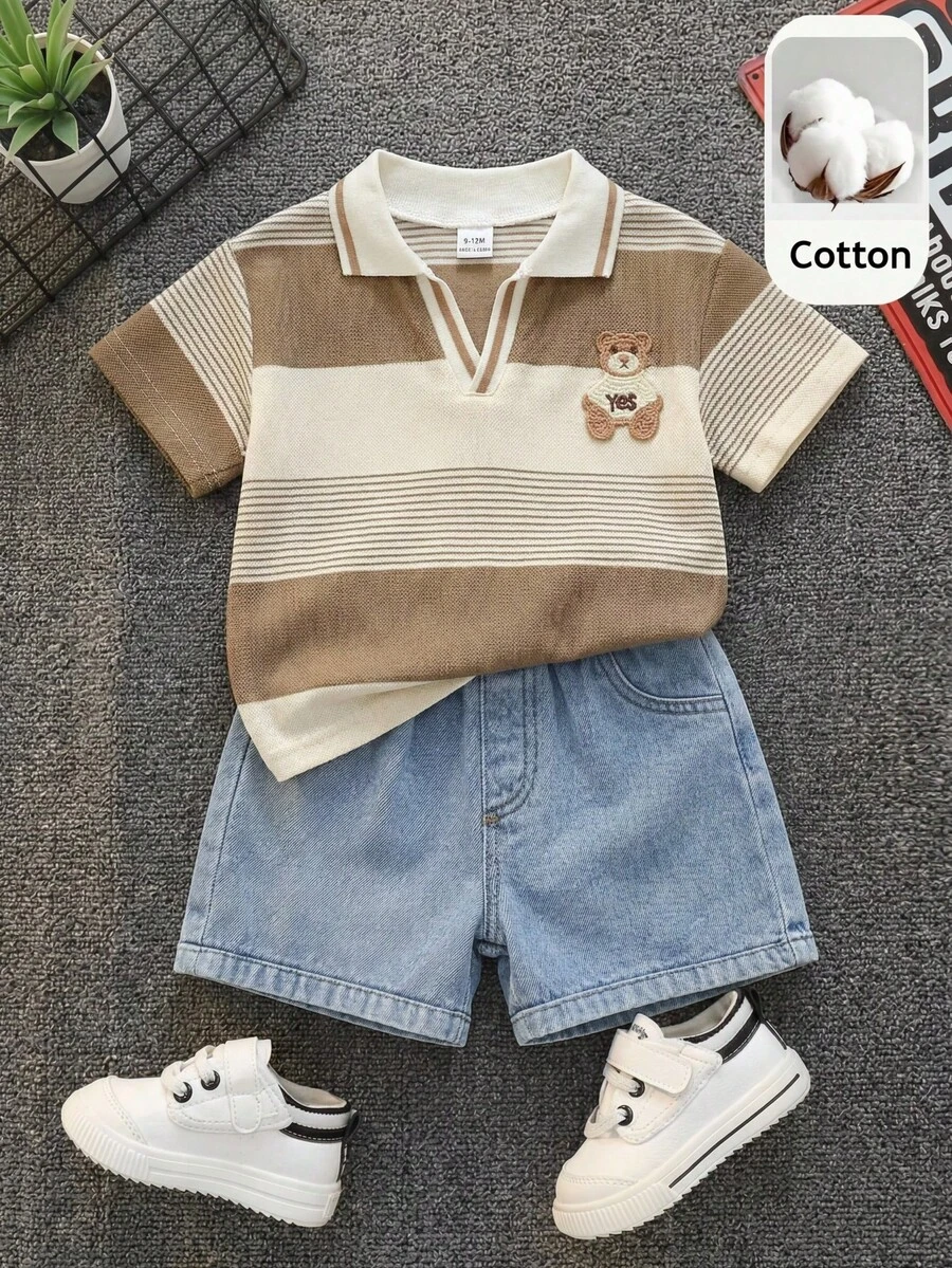 SHEIN 2 piezas Conjunto de camisa polo a rayas caqui casual de verano y pantalones cortos de mezclilla azul para niño bebé - Multicolor - Ver 1