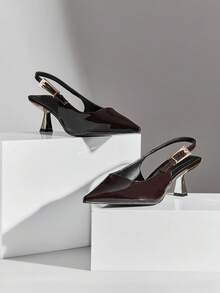 SHUZIA Tacones de salón con punta metálica, tacón de gatito y hebilla con firma, inspirados en diseñadores, elegantes y cómodos, con acabado brillante y en color café para mujer - Café integral - Ver 5