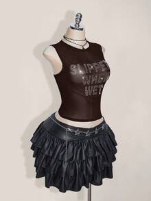 SHEIN ICON 加大码 Y2k 夏季黑色网纱透视性感水钻亮片女士水钻字母网纱露背紧身吊带背心 - 棕色 - 查看 6
