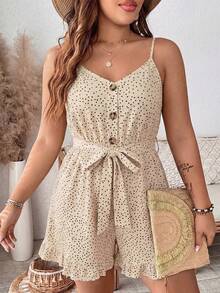 EMERY ROSE Bộ jumpsuit nữ mùa hè dáng rộng, dây mảnh, cài cúc phía trước, chấm bi, kiểu dáng thường ngày. - Màu be - Xem 4