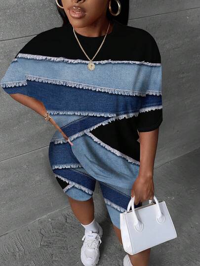 Slaydiva 2pcs/Set Plus Size Summer Casual Denim Patchwork Print Round Neck Short Sleeve T-Shirt And Shorts, Suitable For Party Outfit