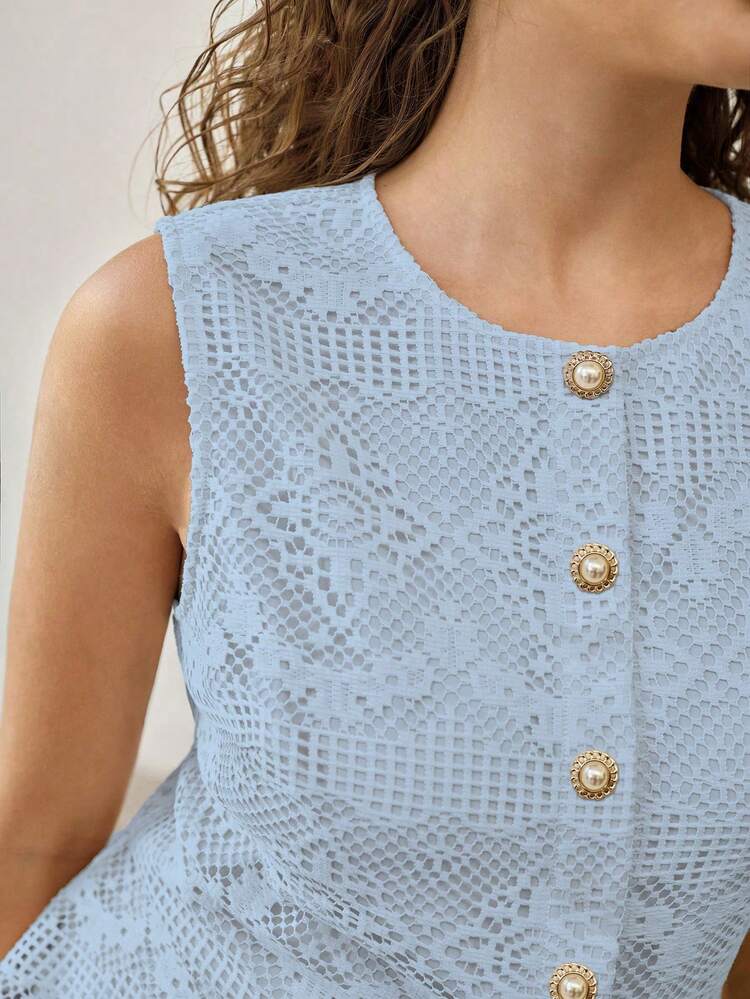 SUMMER LACE HOLLOW OUT TOP & PANTS SET, MATCHING VEST, FRENCH LACE FASHIONABLE VERSATILE PLUS SIZE WOMEN 2 PIECES OUTFIT