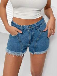 SHEIN 100% Cotton Mid Waist Washed Denim Short - Medium Wash - View 6