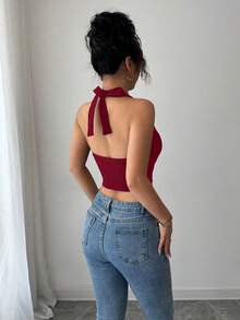 Selianne Áo tank top crop top ren bèo màu đen gợi cảm cho nữ, kiểu dáng dễ thương, áo sexy, trang phục phổ biến, áo sexy cho nữ, áo cho nữ mùa hè, trang phục dễ thương cho nữ, trang phục OOTD cho nữ, áo ôm sát cho nữ, áo thường ngày cho nữ, áo cổ yếm viền ren, áo dễ thương cho nữ, áo crop top đỏ, áo crop top thường ngày cho nữ - Màu Đỏ Sâu - Xem 2
