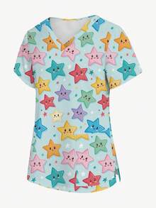 PopScrub 可爱表情设计彩色星星卡通印花护士服上衣，V领短袖手术服上衣，女士护士制服，适合假日、度假和日常穿着 - 彩色 - 查看 5
