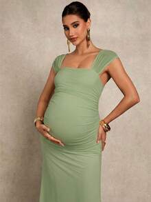 MaterniChic Maternity Solid Color Square Neck Elegant Dress - Green - View 3