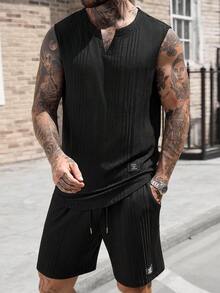 Manfinity CasualCool 男士夏季休闲纯色背心短裤套装 - 黑色 - 查看 1