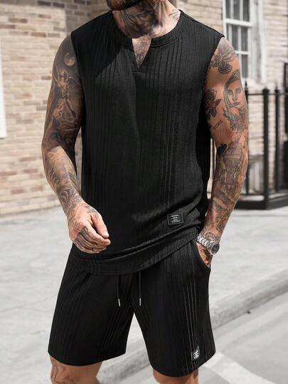 Manfinity CasualCool Men's Summer Casual Solid Color Tank Top And Shorts Set