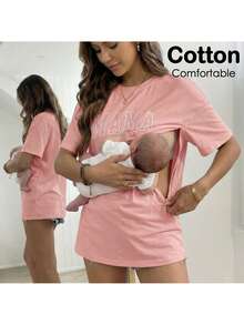 Áo cho bà bầu tay ngắn cổ tròn in họa tiết đơn giản - Hồng - Xem 6