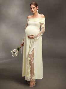 Cheriluna Maternity 纯色长开衩无肩带网纱刺绣孕妇写真连衣裙 - 黃色 - 查看 4