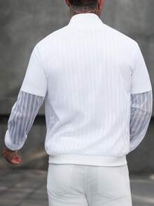Manfinity Homme Men's Striped Mesh Long Sleeve Zip Front Casual Baseball Jacket - White - View 2