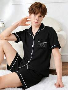 2pcs Teenage Boys' Casual Text Graphic Print Blue Poplin Short Sleeve Top And Shorts Pajama Set - Black - View 8