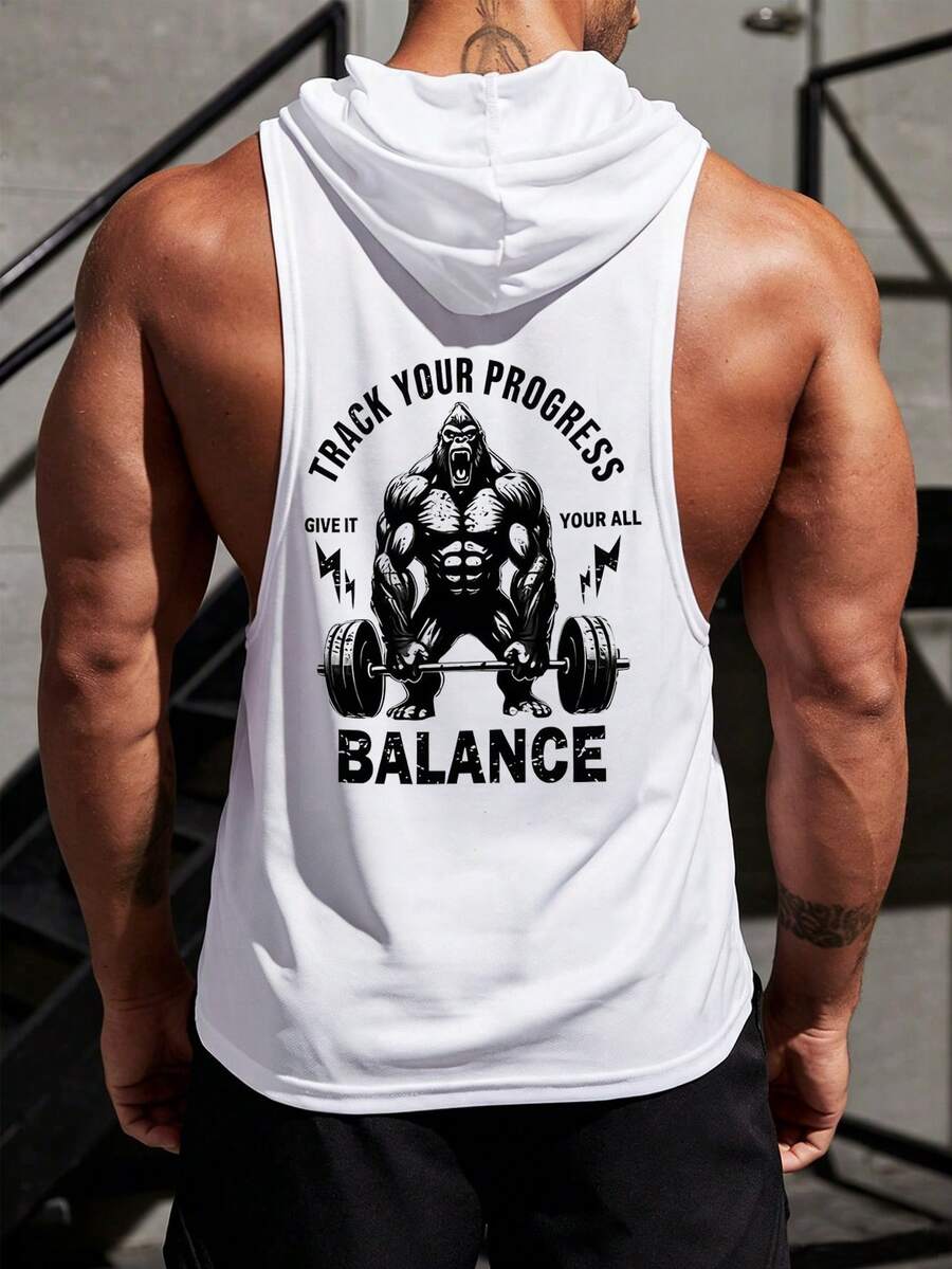 GymBeat 字母和动物印花连帽无袖运动背心，夏季 - 白色 - 查看 1