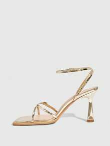 CUCCOO SZL Women Shoes New Square Toe Slender High Heel Light Gold Open Toe Back Ankle Strap Cross Lace Women's High Heel Sandals Fashion Sexy Versatile Women's Sandals Prom Heels Summer - Light gold - View 10