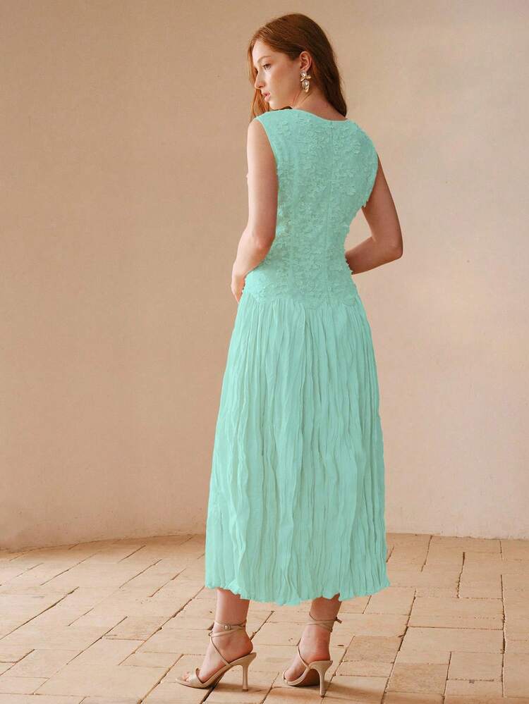 SPRING/SUMMER JACQUARD SLEEVELESS BEADED UNIQUE FABRIC FASHION ELEGANT ASYMMETRICAL PLEATED FLARED HEM WOMEN DRESS