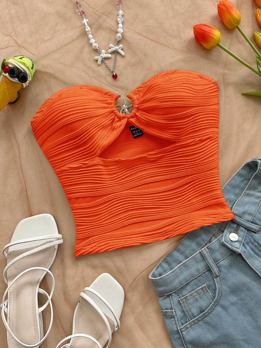 Soleia 女士度假针织上衣，波浪纹理，金属海星装饰，无肩带，休闲，适合约会、下午茶、海滩、邮轮、公路旅行、音乐节、派对、波西米亚风等场合。 - 橘色 - 查看 1