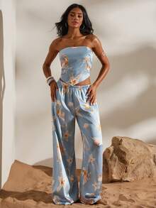 Opulessa Conjunto de 2 piezas de top bandeau y pantalones estampados de gasa para mujer, ideal para vacaciones de primavera/verano - Celeste - Ver 3