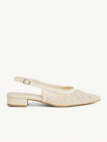 CUCCOO CHICEST Women Shoes Pointed Coarse Heel Light Apricot Lace Mesh Back Lift Sexy Fashion Elegant Daily Versatile Slingback Shoes - Champagne - View 2