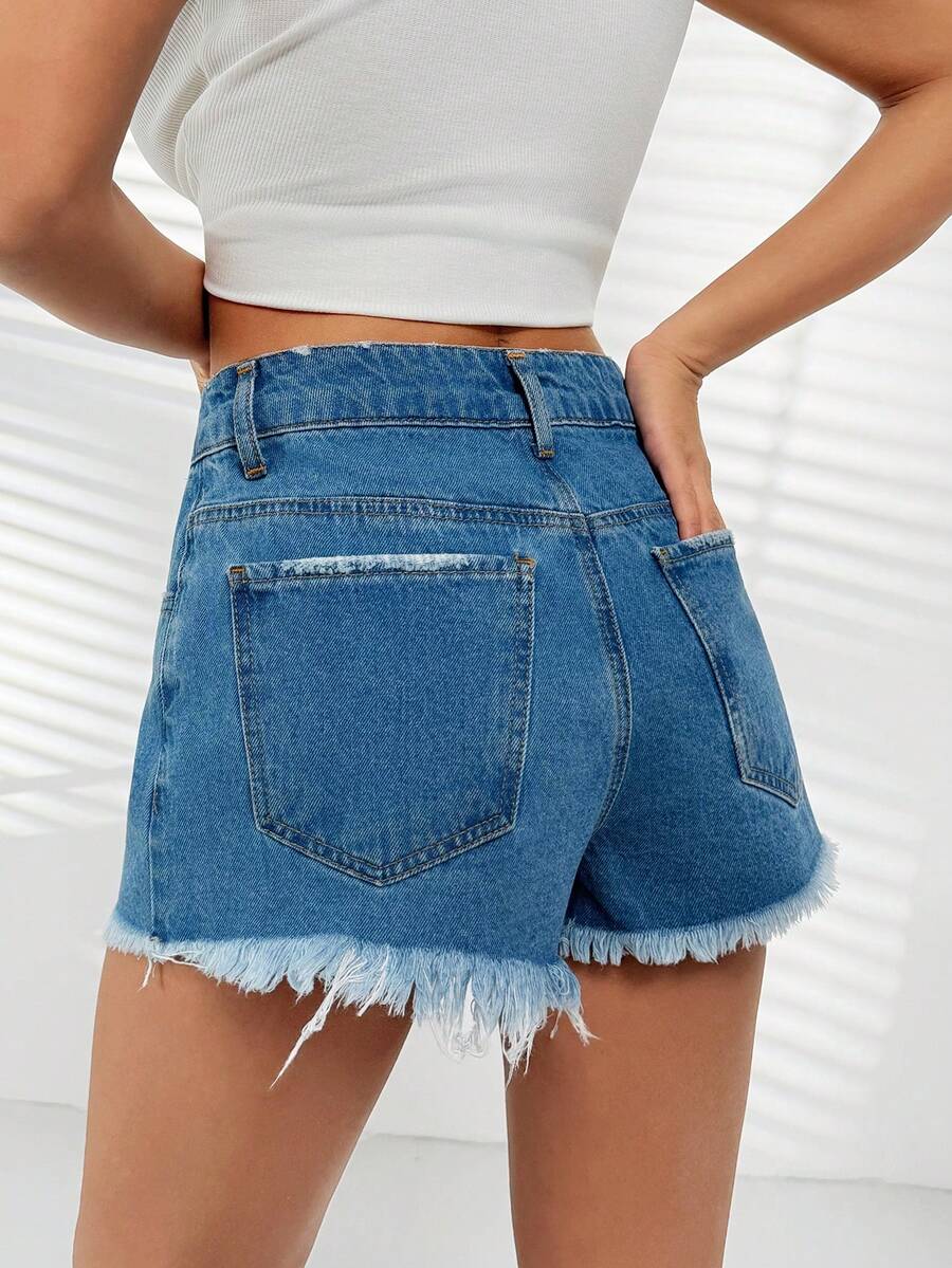 SHEIN 100% Cotton Mid Waist Washed Denim Short - Medium Wash - View 1