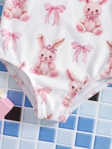 SHEIN ملابس سباحة كاجوال وجميلة للبنات الصغيرات مع طبعات الدببة الكرتونية والفيونكات الملونة - متعدد الألوان - مشاهدة 7