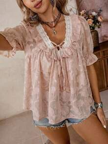 LanaWest Women's Western Casual Woven Textured Fabric Contrast Lace Trim Ruffle Hem Short Sleeve Blouse - Dusty Pink - View 7