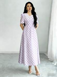 Modelyn Đầm ngắn tay cổ chữ V phối ren họa tiết hoa nhí, đầm dài nữ họa tiết hoa nhí, thích hợp cho kỳ nghỉ hè và mặc hàng ngày. - Nhiều màu - Xem 3