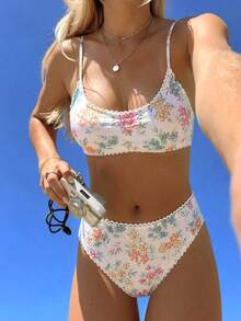 SHEIN Swim Mod Bộ bikini nữ họa tiết hoa ngẫu nhiên, viền bèo nhún, thích hợp cho mùa hè. - Nhiều màu - Xem 6