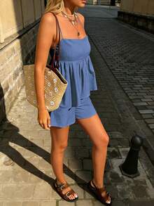 Selianne Women's Casual Vacation Solid Color Ruffle Hem Camisole And Shorts Set, Spring/Summer - Blue - View 4