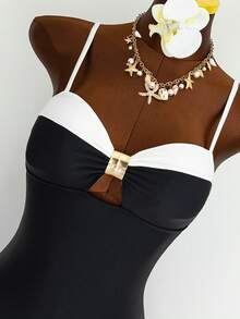 Swim Chiccia Women's One-Piece Swimsuit, Sexy Casual Vacation Minimalist Elegant Hollow-Out Spaghetti Strap Swimwear, Spring/Summer - Black and White - View 3