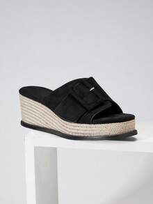 SHUZIA Giày đế xuồng kiểu espadrille tối giản dành cho nữ, chất liệu giả da lộn, có khóa cài, đế dày. - màu đen - Xem 5
