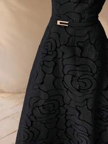 MOTF PREMIUM Vestido elegante francés, vestido de línea A con estampado de jacquard de flores de rosa sin tirantes para damas - Negro - Ver 6
