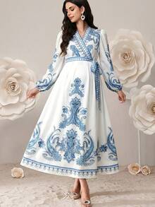 SHEIN 孕妇碎花V领褶皱休闲度假连衣裙 - 淺藍色 - 查看 1