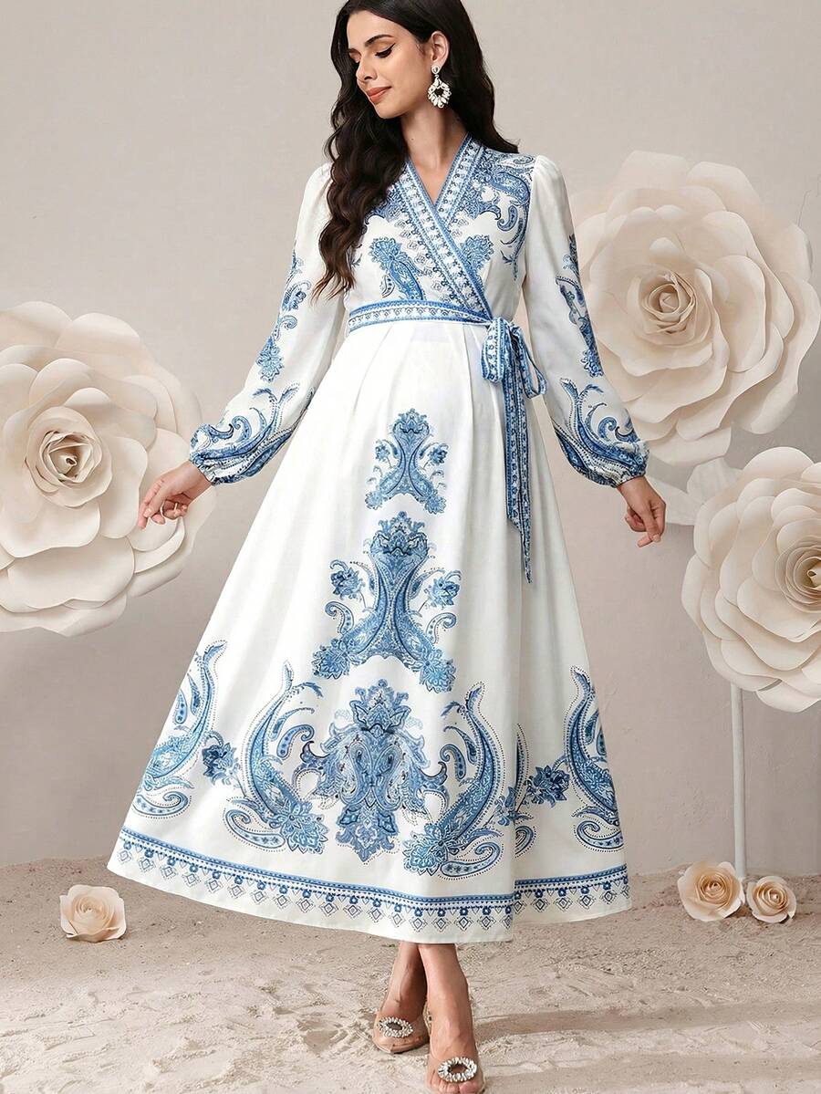 SHEIN 孕妇碎花V领褶皱休闲度假连衣裙 - 淺藍色 - 查看 1
