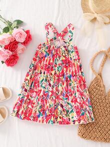 SHEIN Đầm không tay in họa tiết hoa nhiệt đới, kiểu dáng thường ngày cho bé gái, bộ sưu tập Xuân/Hè mới. - Hồng - Xem 2