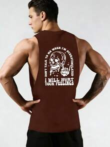 GymBeat Áo tank top thể thao mùa hè cổ tròn in chữ và đầu lâu dành cho nam - Cà phê nâu - Xem 3