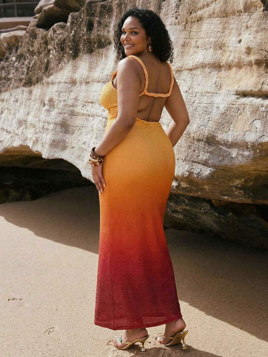 SHEIN BAE 大码女士渐变色半透明连衣裙 - 彩色 - 查看 1