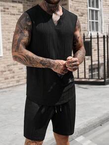 Manfinity CasualCool 男士夏季休闲纯色背心短裤套装 - 黑色 - 查看 3