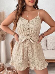 EMERY ROSE Bộ jumpsuit nữ mùa hè dáng rộng, dây mảnh, cài cúc phía trước, chấm bi, kiểu dáng thường ngày. - Màu be - Xem 3