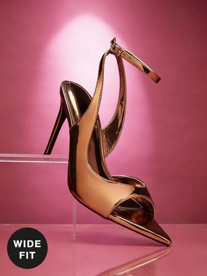 SHUZIA 宽楦女士金属色PU尖头性感高跟细高跟踝带凉鞋