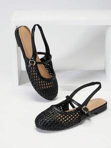SHUZIA Dép hở gót Mary Jane bằng da PU đan móc thanh lịch dành cho nữ - màu đen - Xem 5