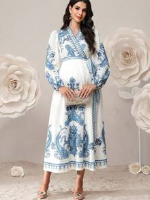 SHEIN 孕妇碎花V领褶皱休闲度假连衣裙 - 淺藍色 - 查看 6