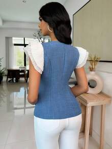 Vavine Women's Metal Shell Button Ruffle Sleeve Fashionable Blouse - Blue - View 2